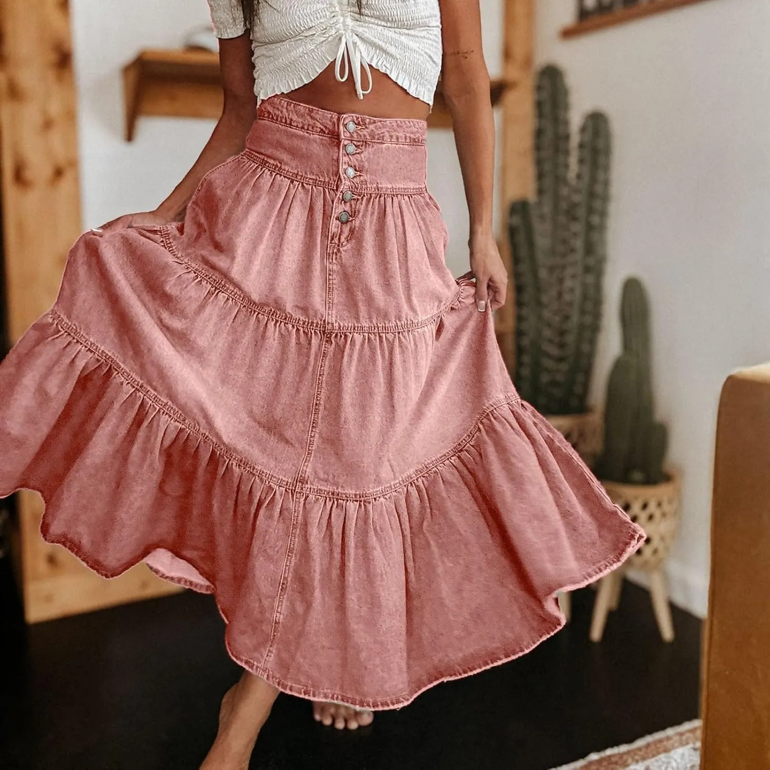 lcyhony Long Denim Skirt Women Flowy Tiered Button Down High Waisted Jean Skirt Loose Casual Summer Maxi Skirts with Pockets