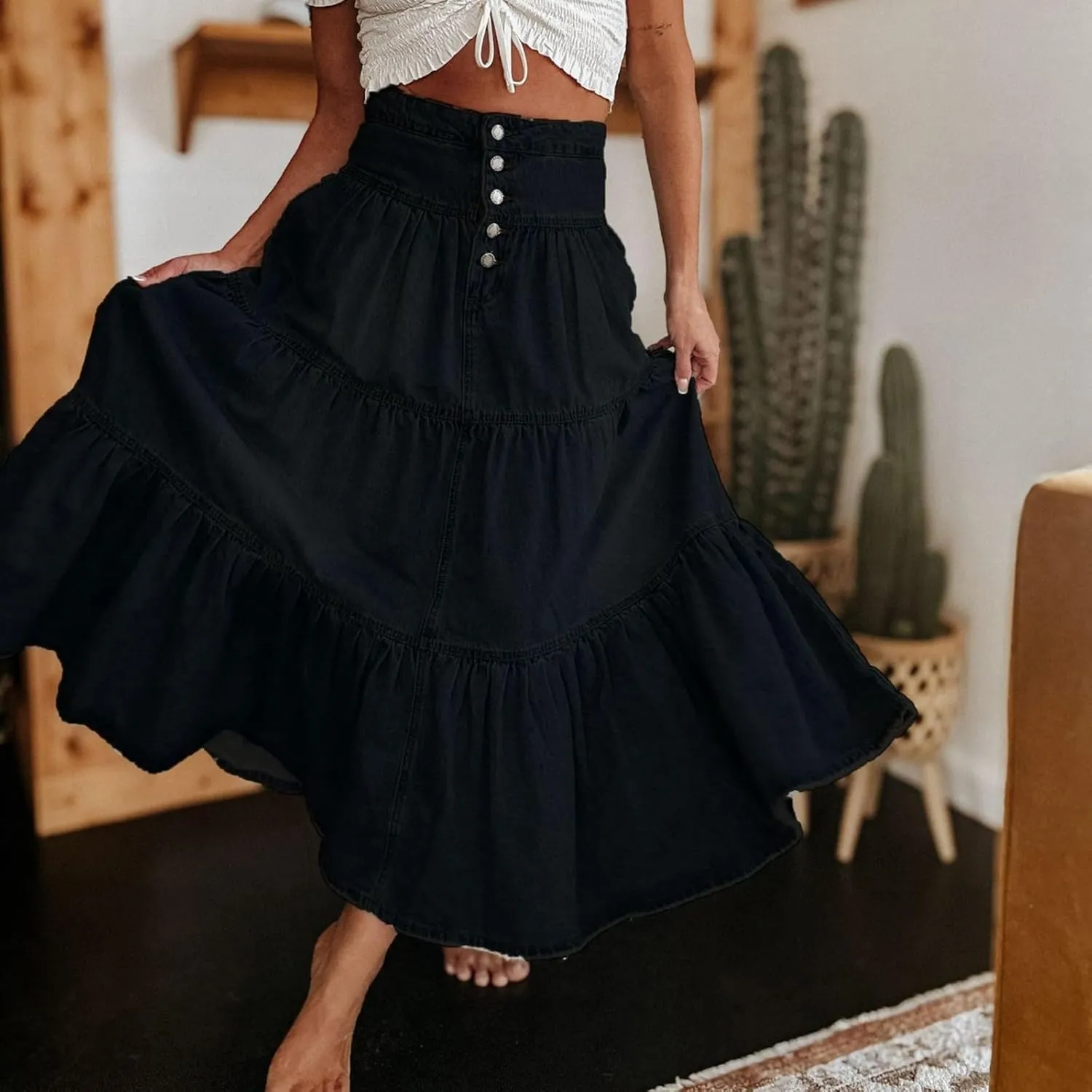 lcyhony Long Denim Skirt Women Flowy Tiered Button Down High Waisted Jean Skirt Loose Casual Summer Maxi Skirts with Pockets
