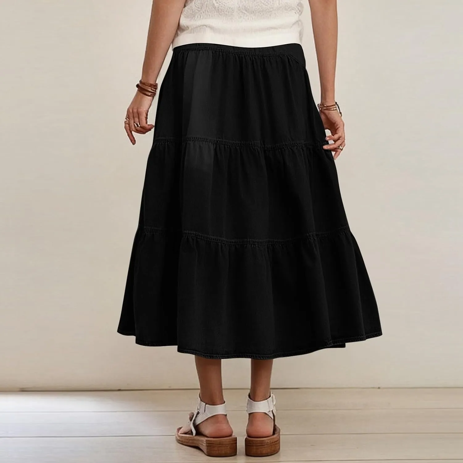 lcyhony Long Denim Skirt Women Flowy Tiered Button Down High Waisted Jean Skirt Loose Casual Summer Maxi Skirts with Pockets