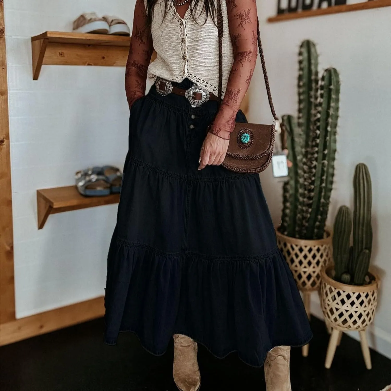 lcyhony Long Denim Skirt Women Flowy Tiered Button Down High Waisted Jean Skirt Loose Casual Summer Maxi Skirts with Pockets