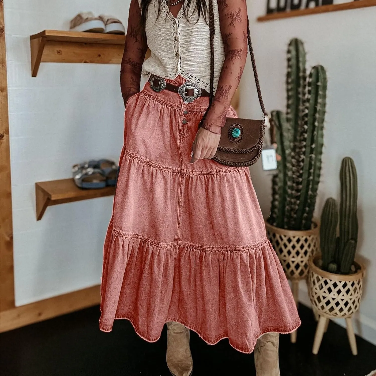 lcyhony Long Denim Skirt Women Flowy Tiered Button Down High Waisted Jean Skirt Loose Casual Summer Maxi Skirts with Pockets