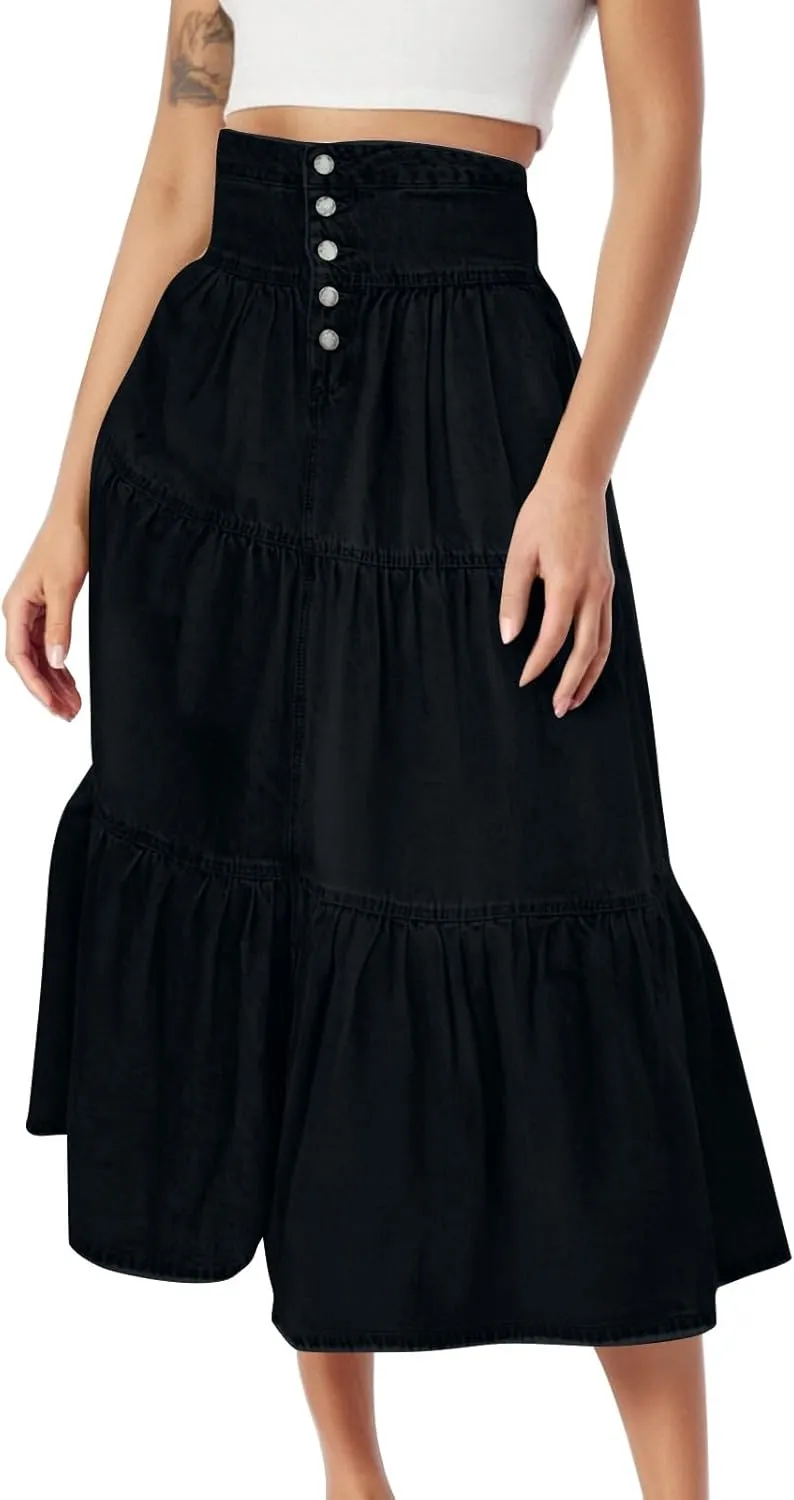 lcyhony Long Denim Skirt Women Flowy Tiered Button Down High Waisted Jean Skirt Loose Casual Summer Maxi Skirts with Pockets