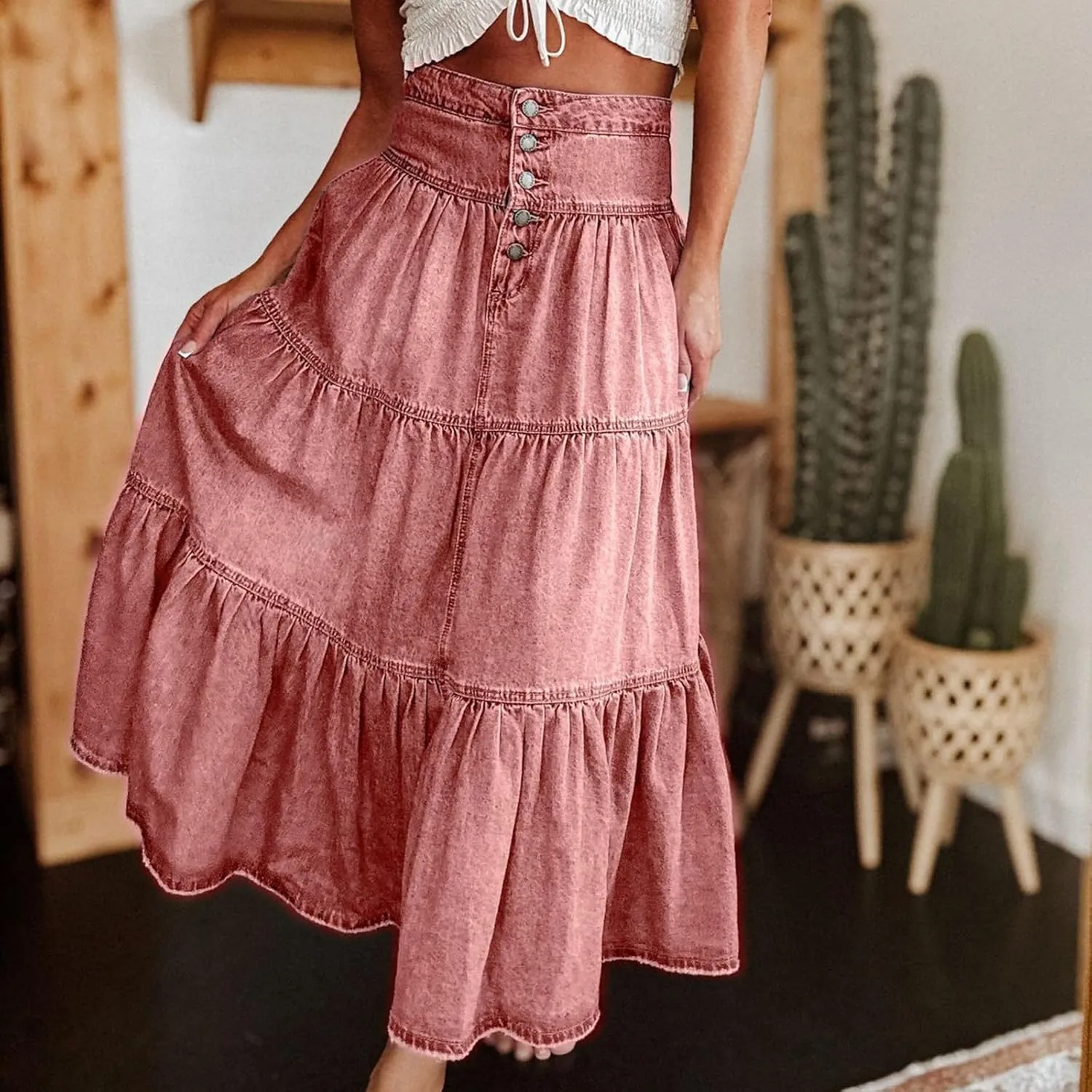 lcyhony Long Denim Skirt Women Flowy Tiered Button Down High Waisted Jean Skirt Loose Casual Summer Maxi Skirts with Pockets