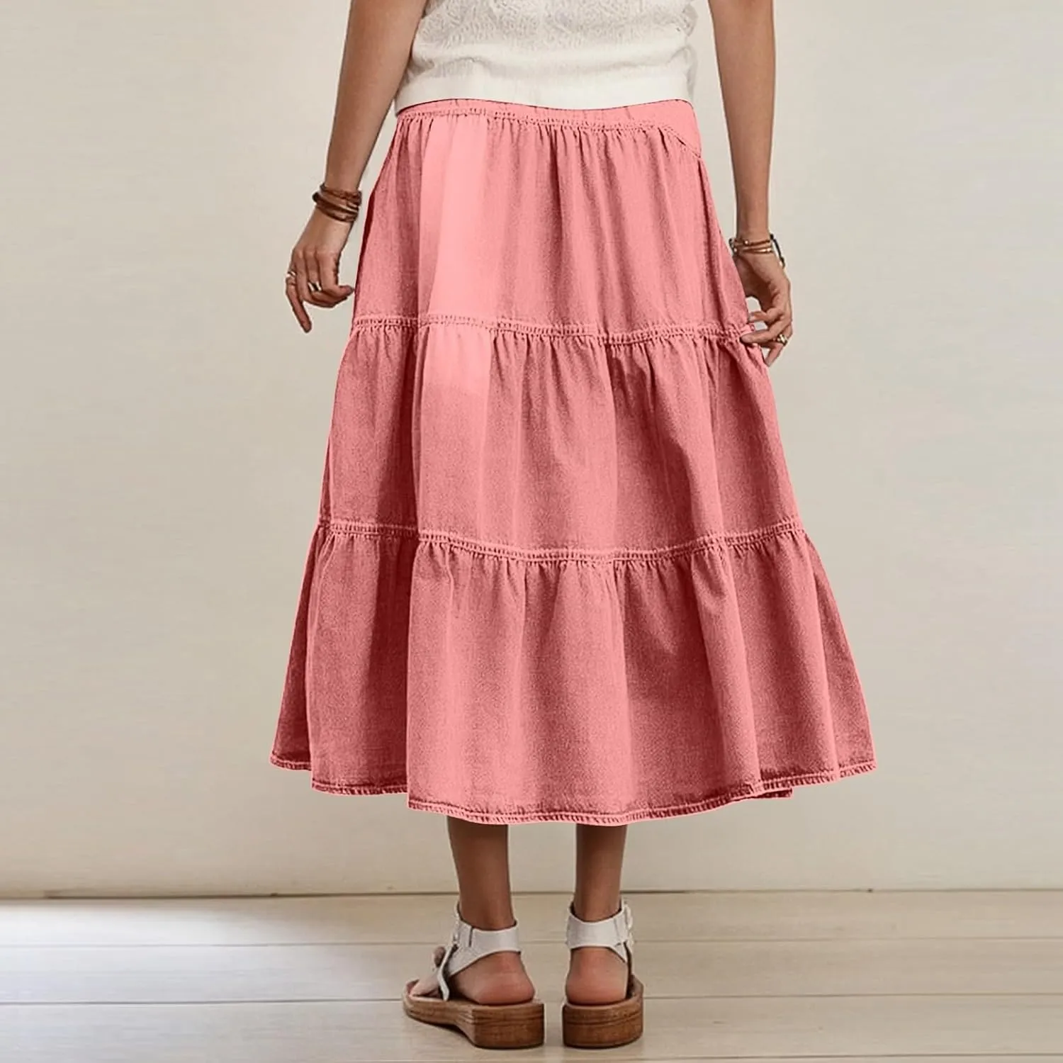 lcyhony Long Denim Skirt Women Flowy Tiered Button Down High Waisted Jean Skirt Loose Casual Summer Maxi Skirts with Pockets
