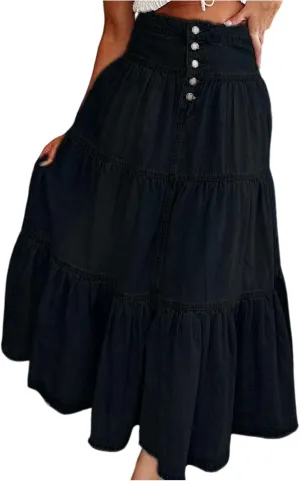 lcyhony Long Denim Skirt Women Flowy Tiered Button Down High Waisted Jean Skirt Loose Casual Summer Maxi Skirts with Pockets