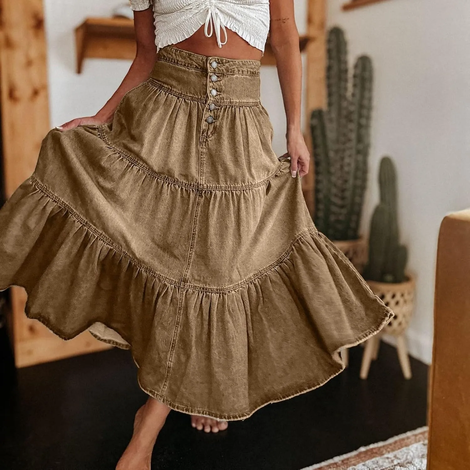 lcyhony Long Denim Skirt Women Flowy Tiered Button Down High Waisted Jean Skirt Loose Casual Summer Maxi Skirts with Pockets