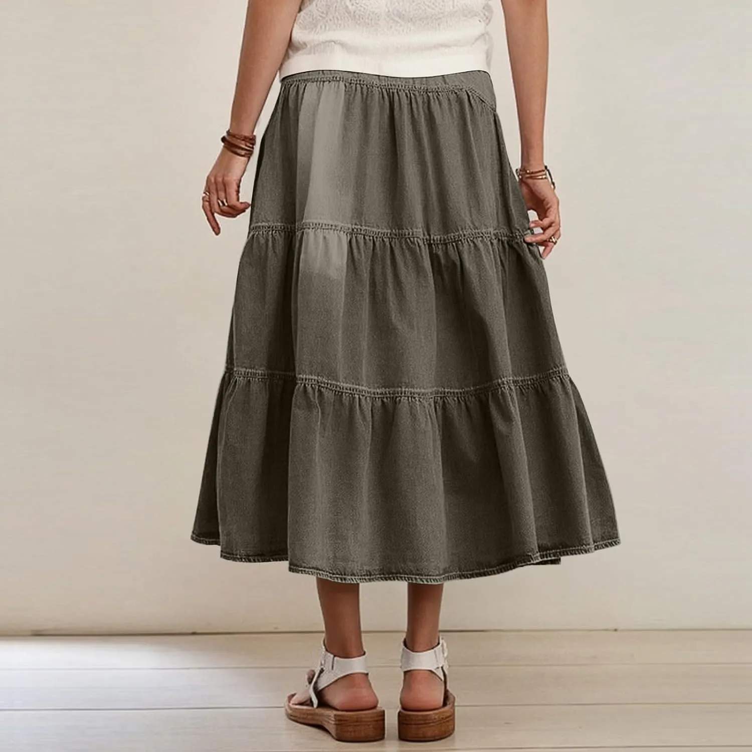 lcyhony Long Denim Skirt Women Flowy Tiered Button Down High Waisted Jean Skirt Loose Casual Summer Maxi Skirts with Pockets