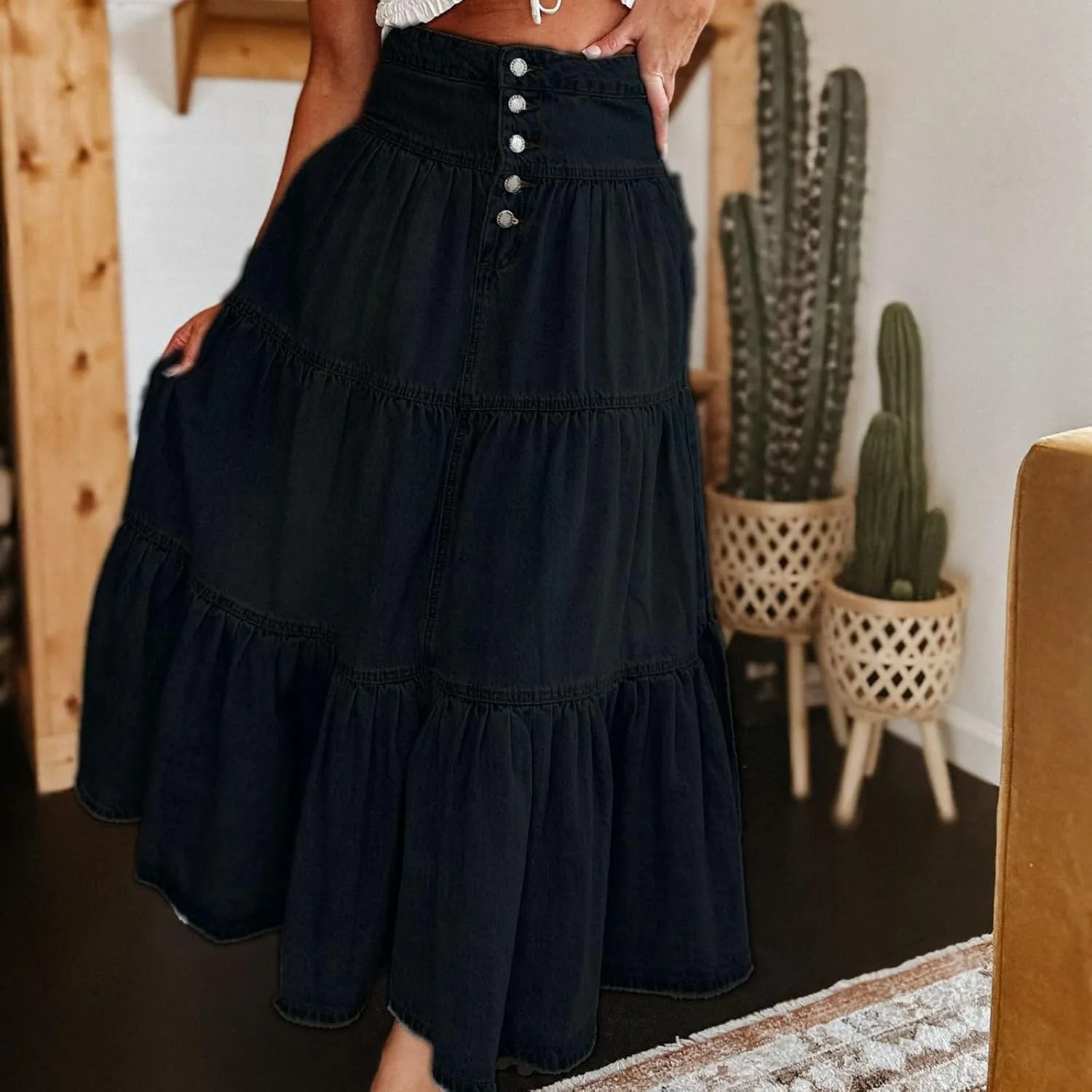 lcyhony Long Denim Skirt Women Flowy Tiered Button Down High Waisted Jean Skirt Loose Casual Summer Maxi Skirts with Pockets