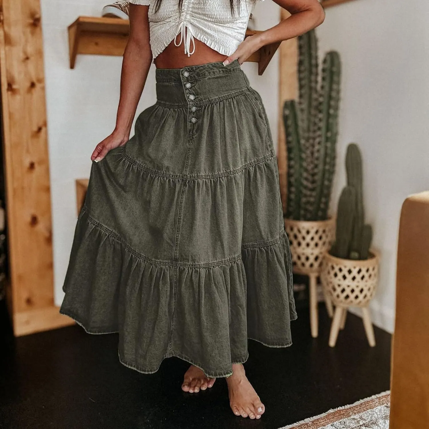 lcyhony Long Denim Skirt Women Flowy Tiered Button Down High Waisted Jean Skirt Loose Casual Summer Maxi Skirts with Pockets