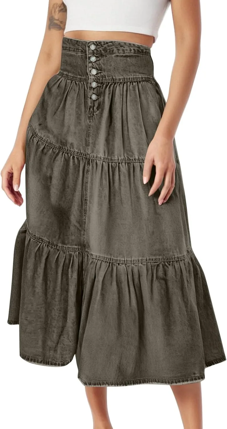 lcyhony Long Denim Skirt Women Flowy Tiered Button Down High Waisted Jean Skirt Loose Casual Summer Maxi Skirts with Pockets