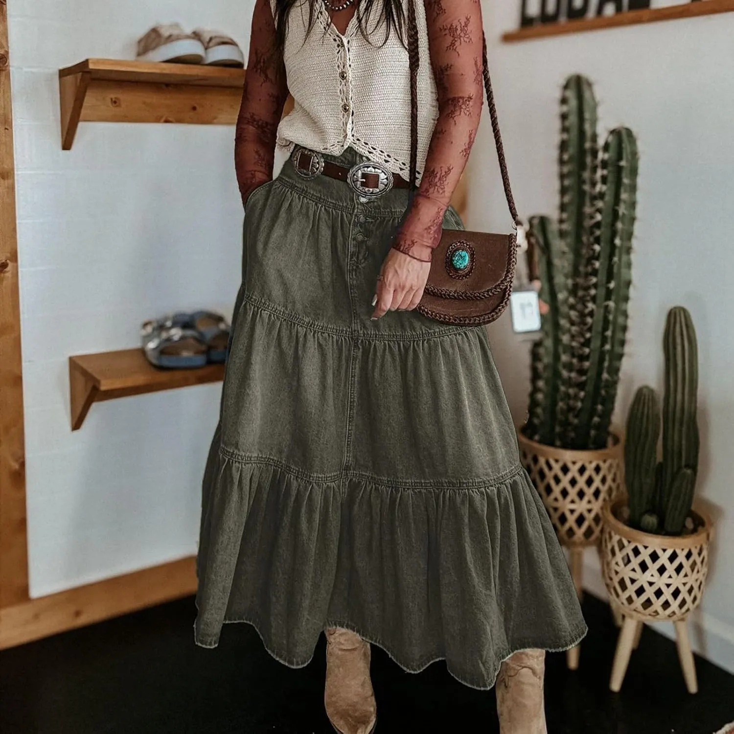 lcyhony Long Denim Skirt Women Flowy Tiered Button Down High Waisted Jean Skirt Loose Casual Summer Maxi Skirts with Pockets