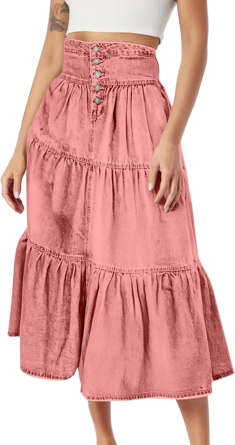 lcyhony Long Denim Skirt Women Flowy Tiered Button Down High Waisted Jean Skirt Loose Casual Summer Maxi Skirts with Pockets