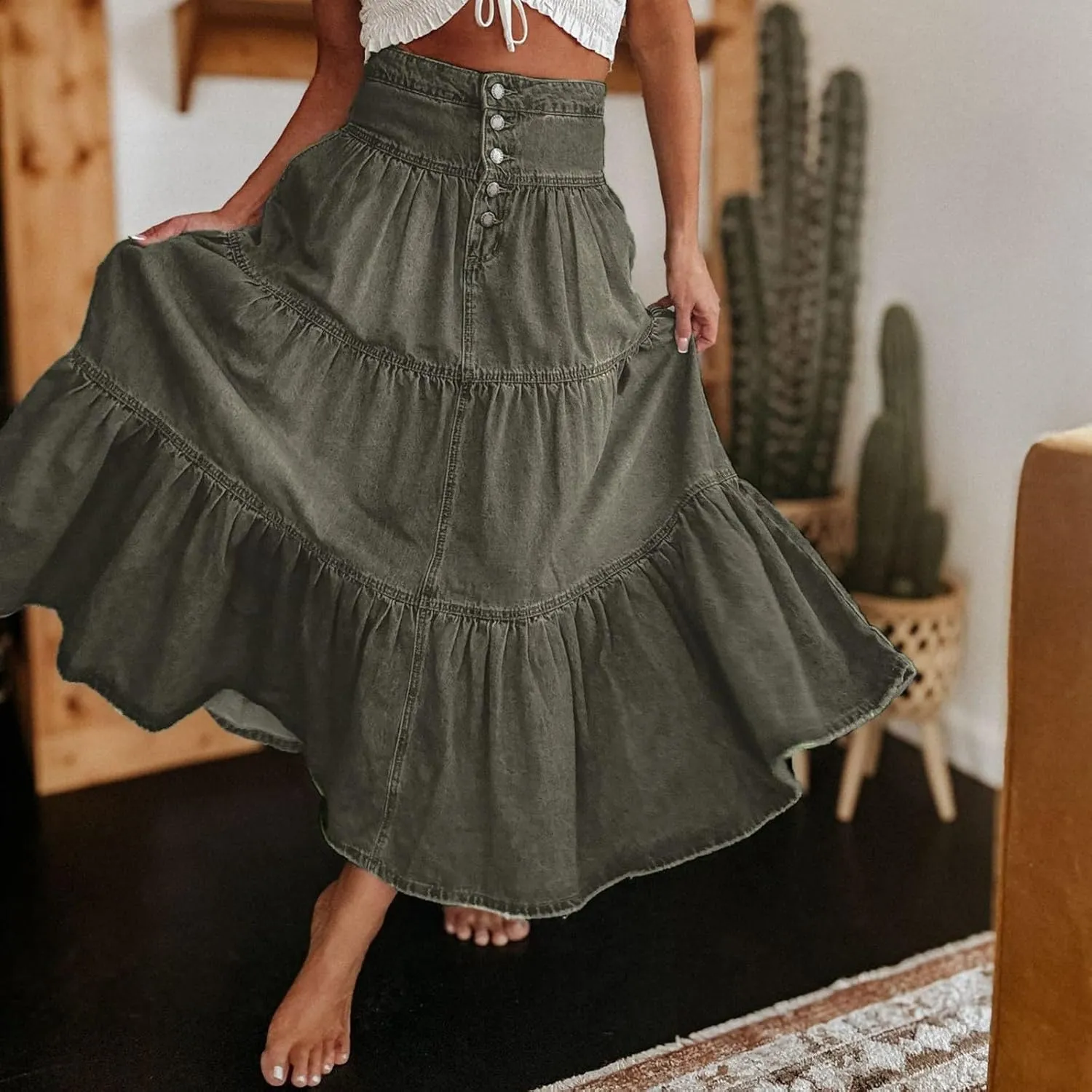 lcyhony Long Denim Skirt Women Flowy Tiered Button Down High Waisted Jean Skirt Loose Casual Summer Maxi Skirts with Pockets