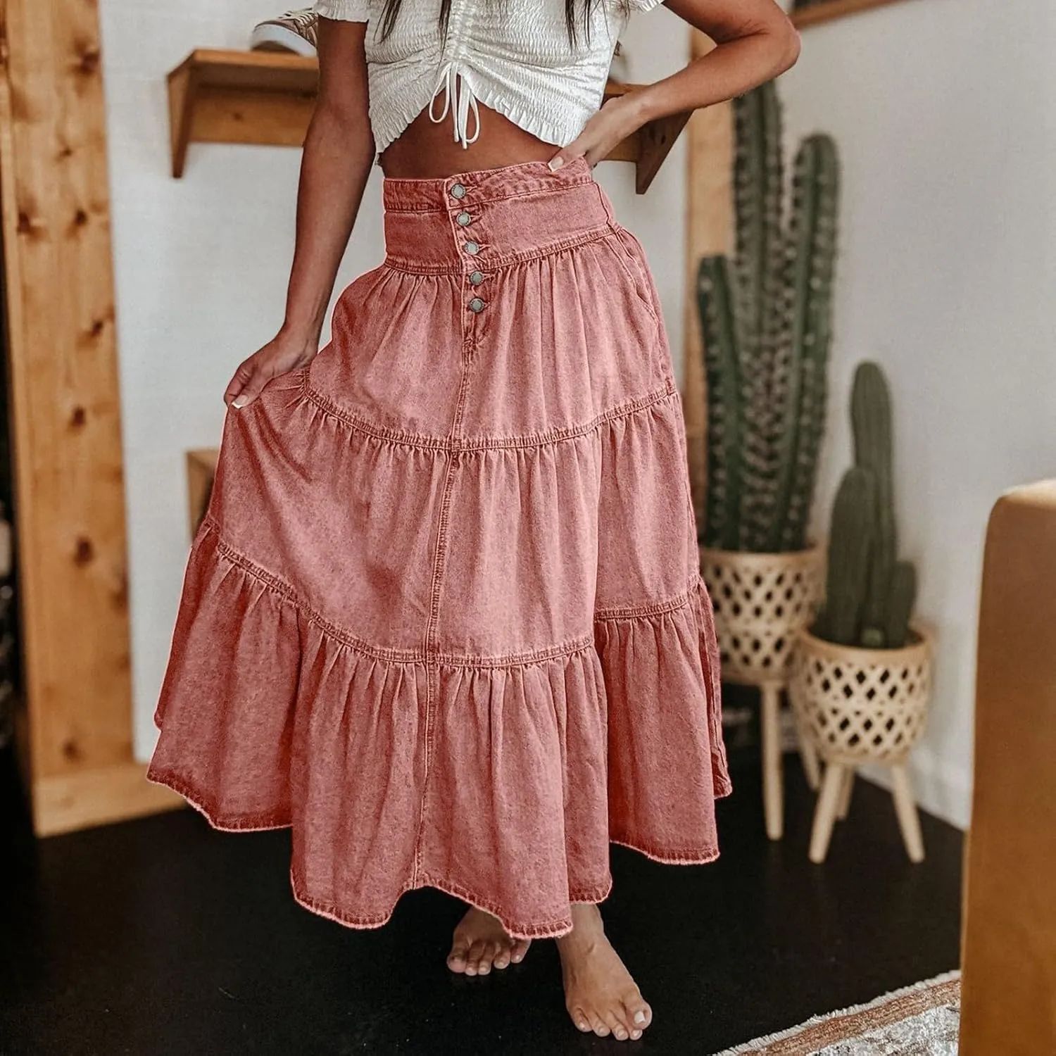 lcyhony Long Denim Skirt Women Flowy Tiered Button Down High Waisted Jean Skirt Loose Casual Summer Maxi Skirts with Pockets