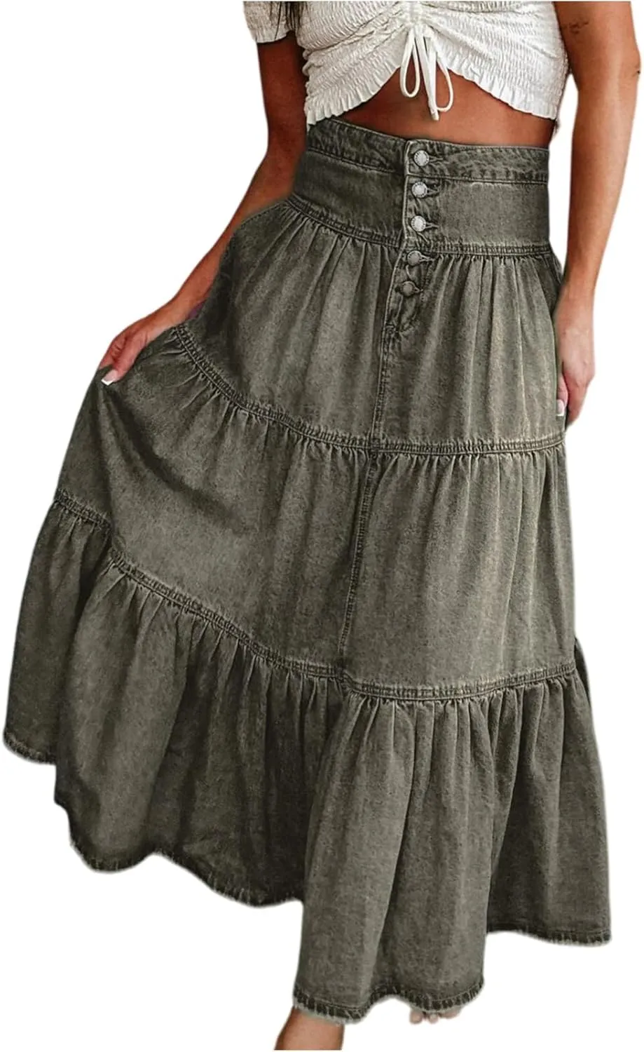 lcyhony Long Denim Skirt Women Flowy Tiered Button Down High Waisted Jean Skirt Loose Casual Summer Maxi Skirts with Pockets