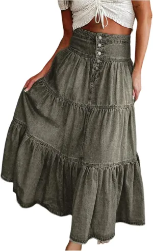 lcyhony Long Denim Skirt Women Flowy Tiered Button Down High Waisted Jean Skirt Loose Casual Summer Maxi Skirts with Pockets