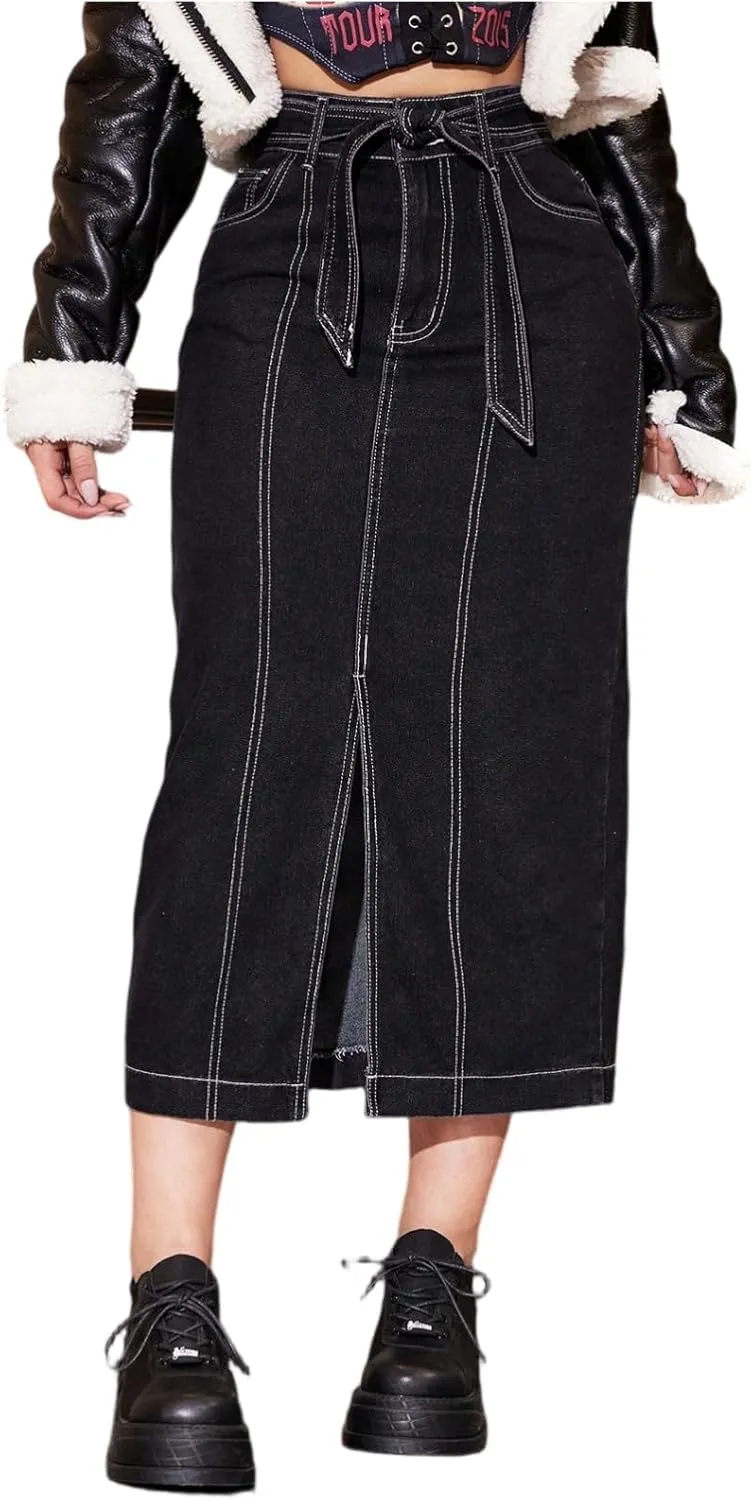 lcyhony Long Denim Skirts for Women Trendy Front Slit High Waisted Jean Skirt Y2k Casual Skinny Tie Pencil Skirt with Pockets