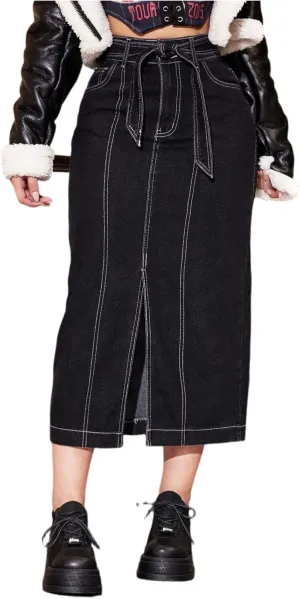 lcyhony Long Denim Skirts for Women Trendy Front Slit High Waisted Jean Skirt Y2k Casual Skinny Tie Pencil Skirt with Pockets
