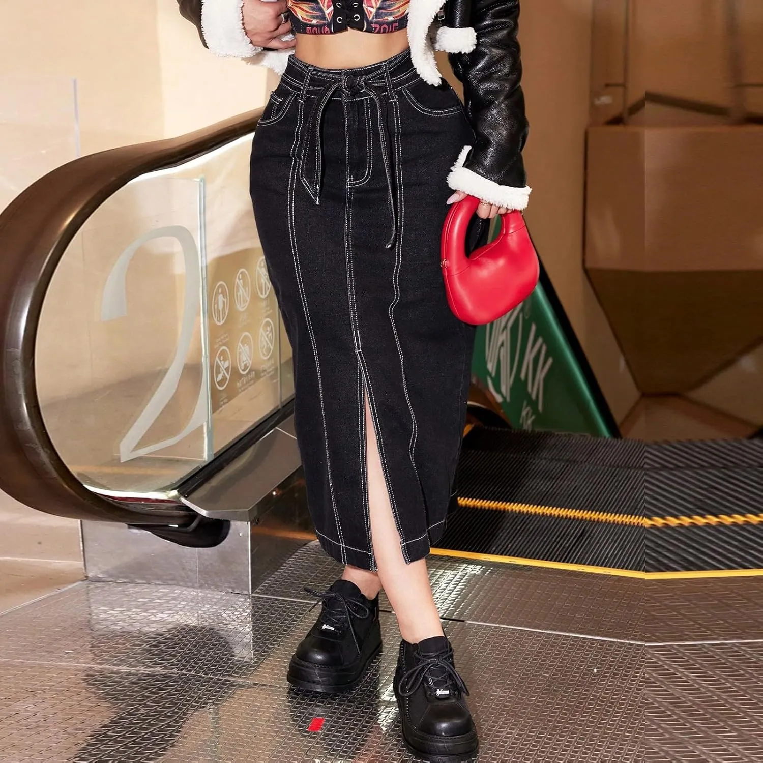 lcyhony Long Denim Skirts for Women Trendy Front Slit High Waisted Jean Skirt Y2k Casual Skinny Tie Pencil Skirt with Pockets