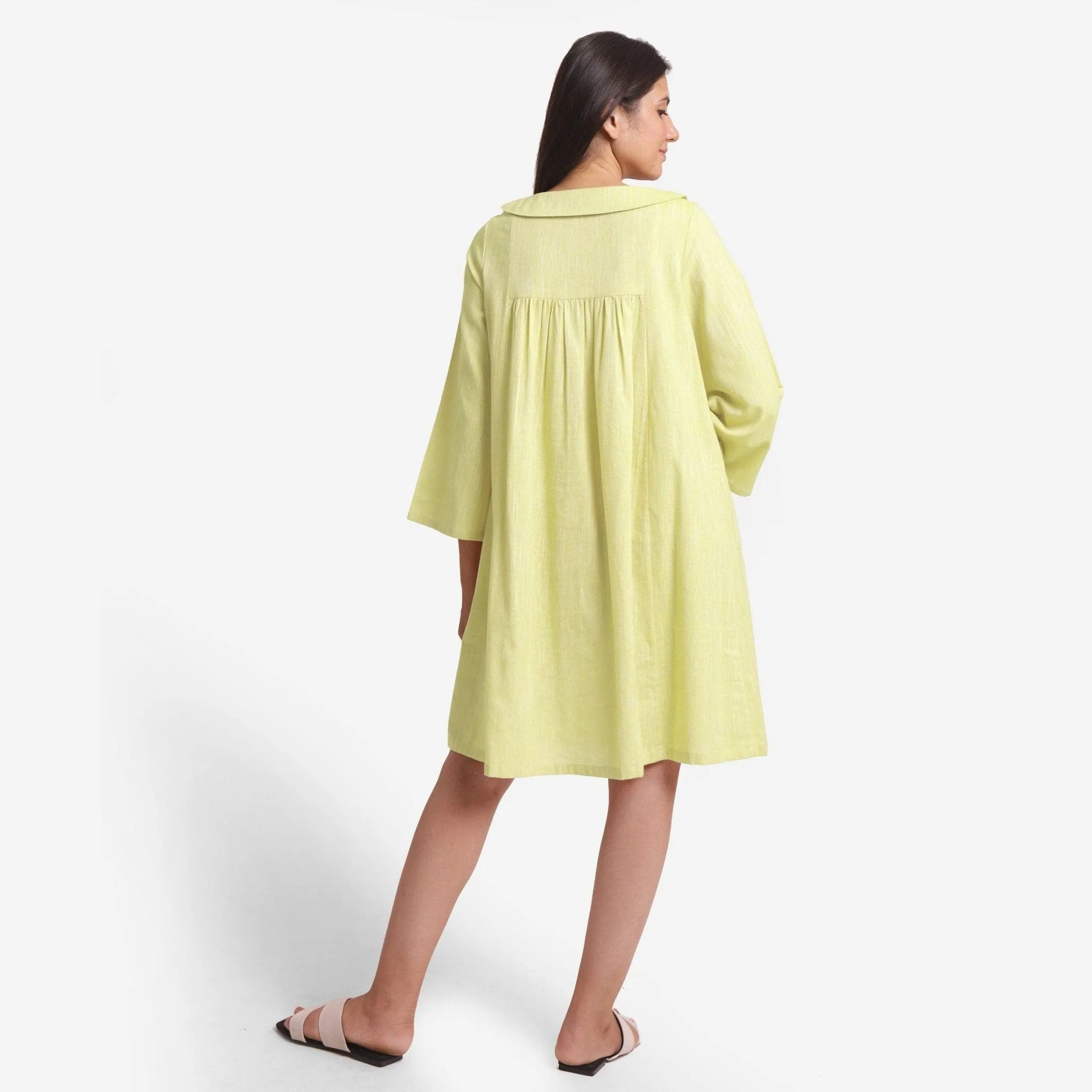 Lemon Yellow Cotton Knee Length Yoked Dress