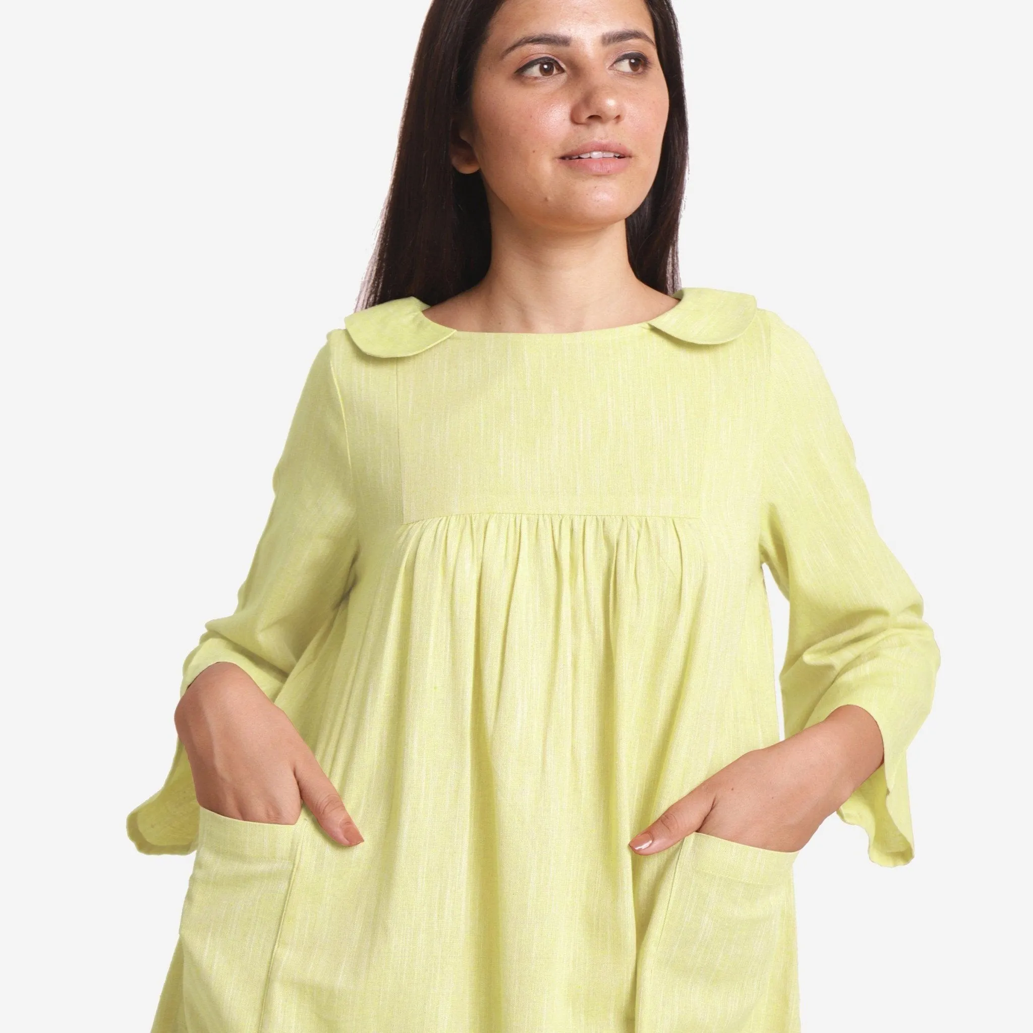 Lemon Yellow Cotton Knee Length Yoked Dress