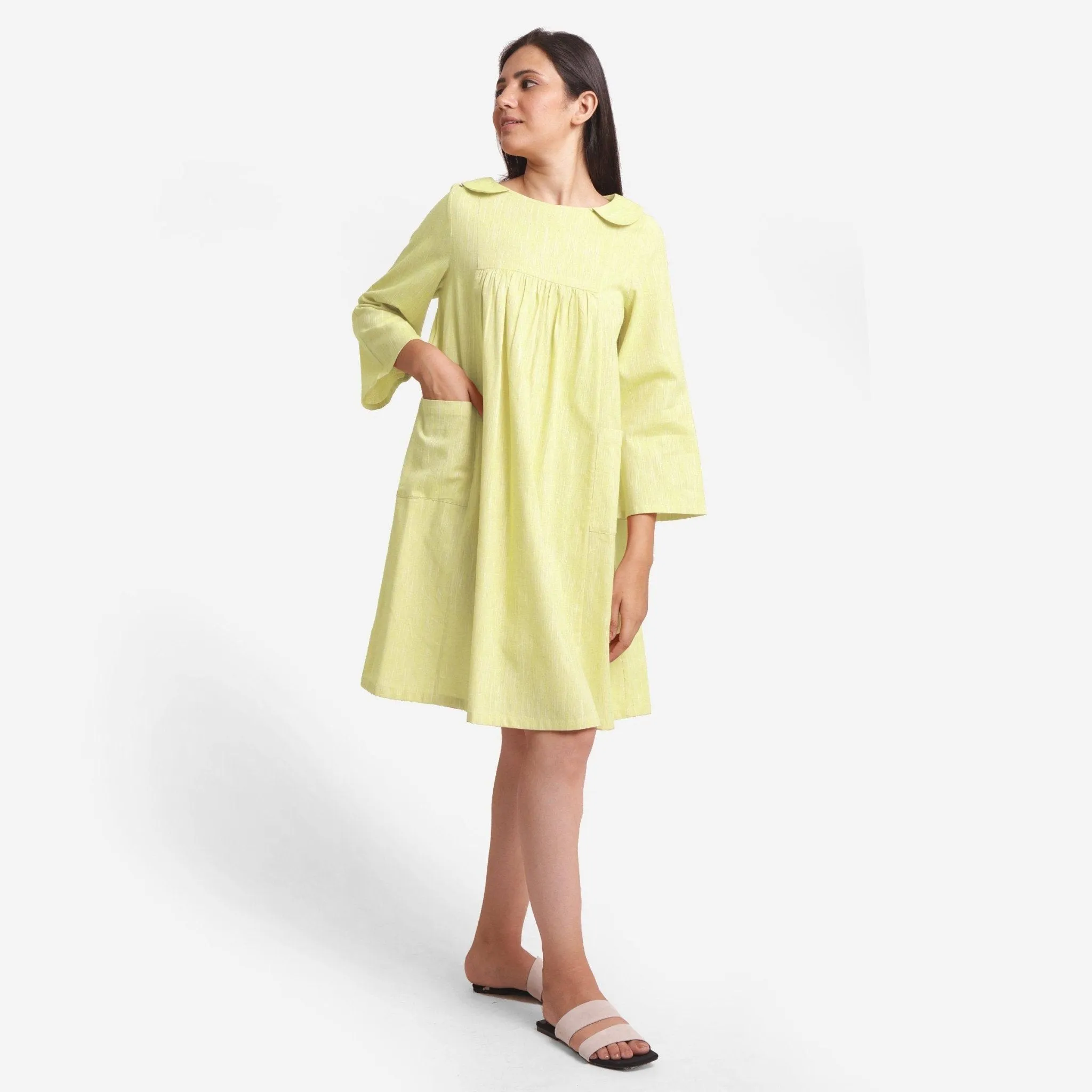 Lemon Yellow Cotton Knee Length Yoked Dress