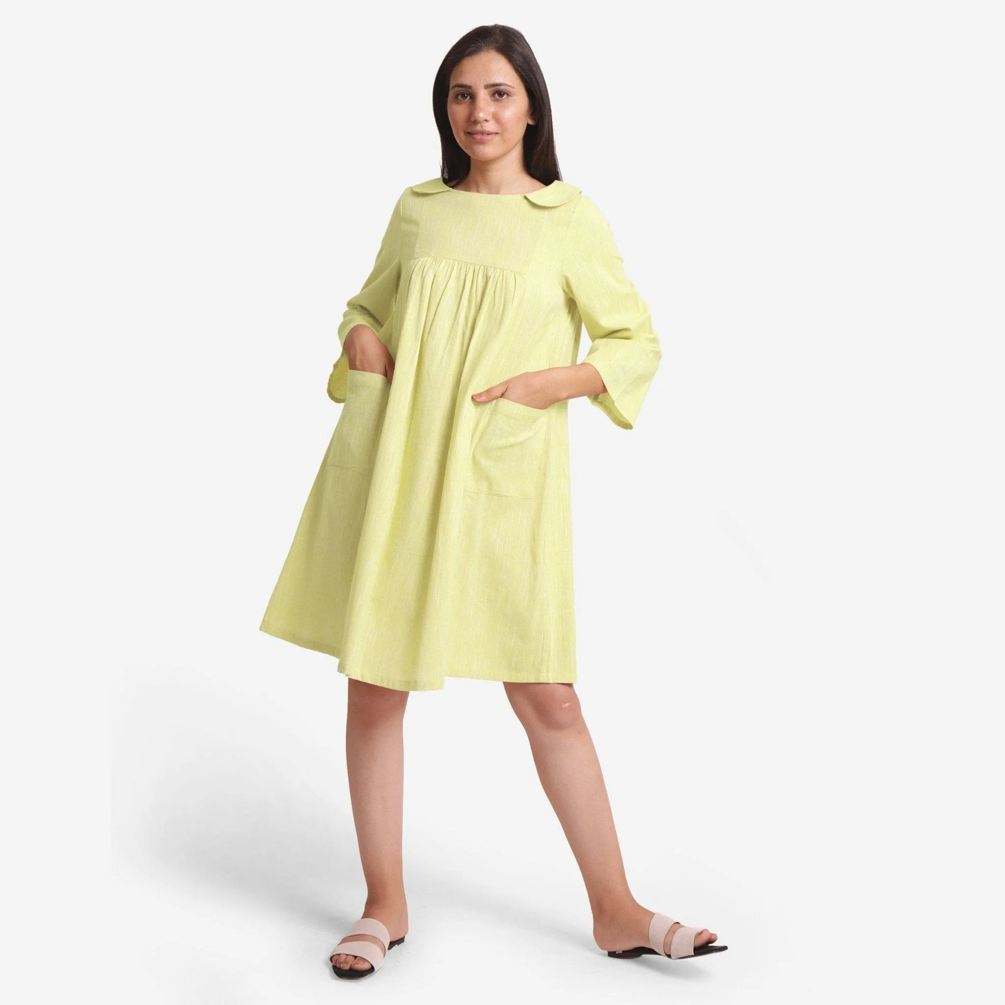 Lemon Yellow Cotton Knee Length Yoked Dress
