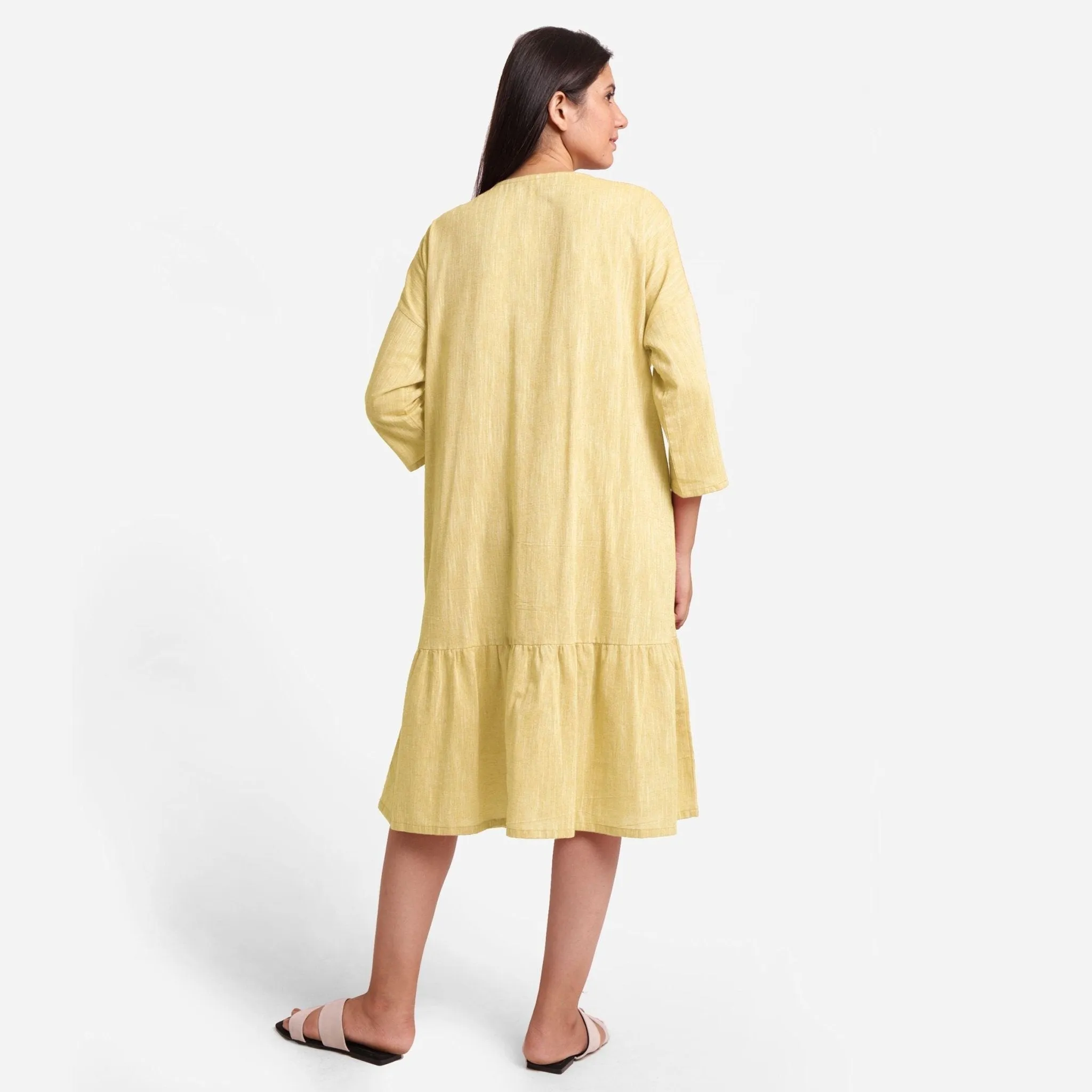 Lemon Yellow Yarn Dyed Cotton Boat Neck Midi Tier Dress