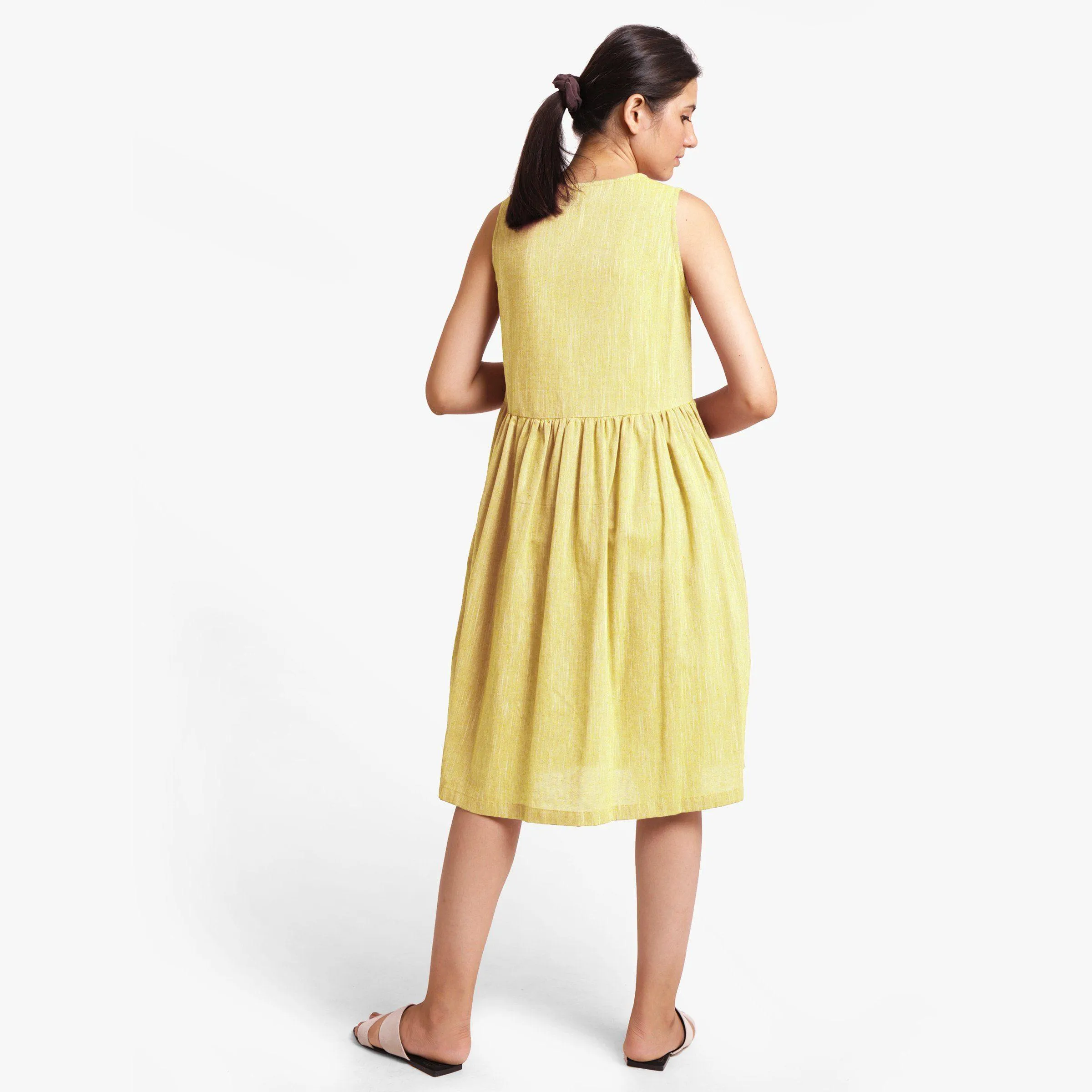 Lemon Yellow Yarn Dyed Cotton Yoked Knee Length Dress