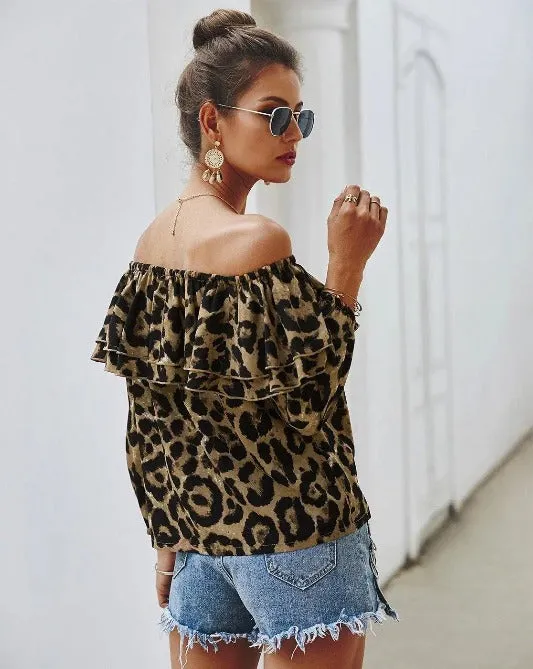 Leopard Off-Shoulder Long Sleeve Ruffle Top