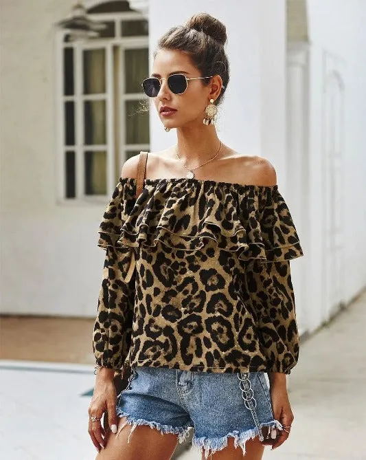 Leopard Off-Shoulder Long Sleeve Ruffle Top