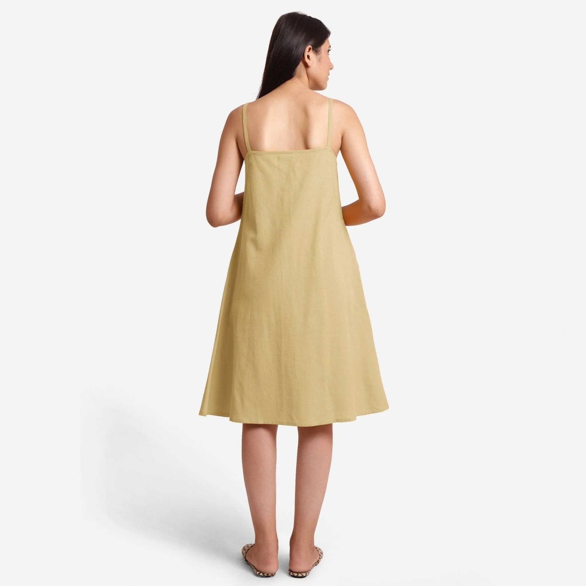 Light Khaki Strappy Cotton Flax Knee Length Slit Dress