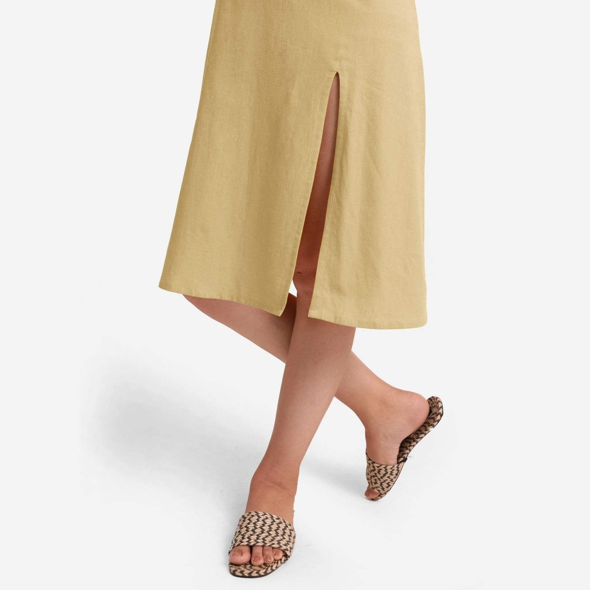 Light Khaki Strappy Cotton Flax Knee Length Slit Dress