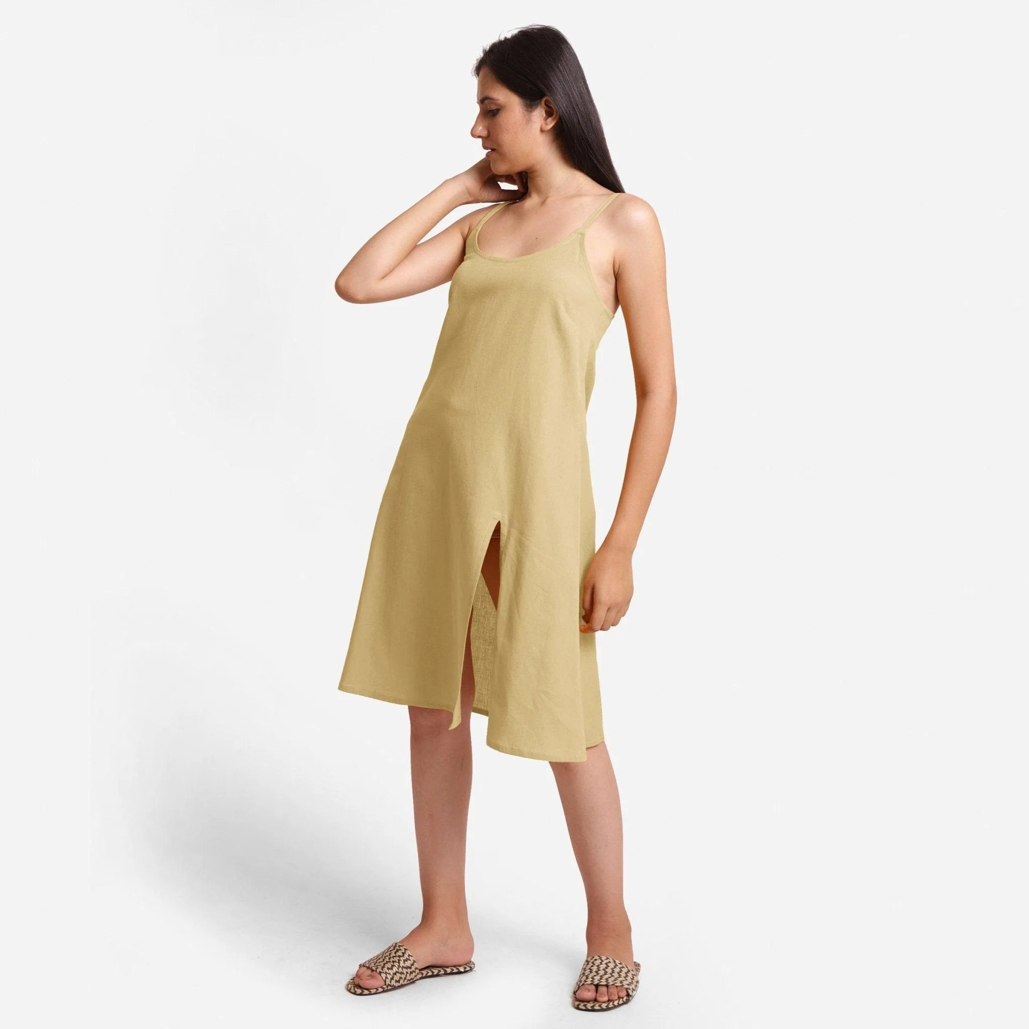 Light Khaki Strappy Cotton Flax Knee Length Slit Dress