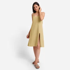 Light Khaki Strappy Cotton Flax Knee Length Slit Dress