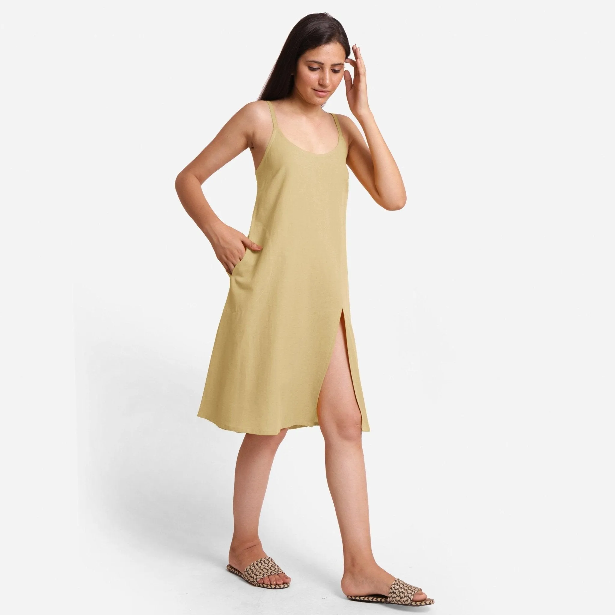 Light Khaki Strappy Cotton Flax Knee Length Slit Dress