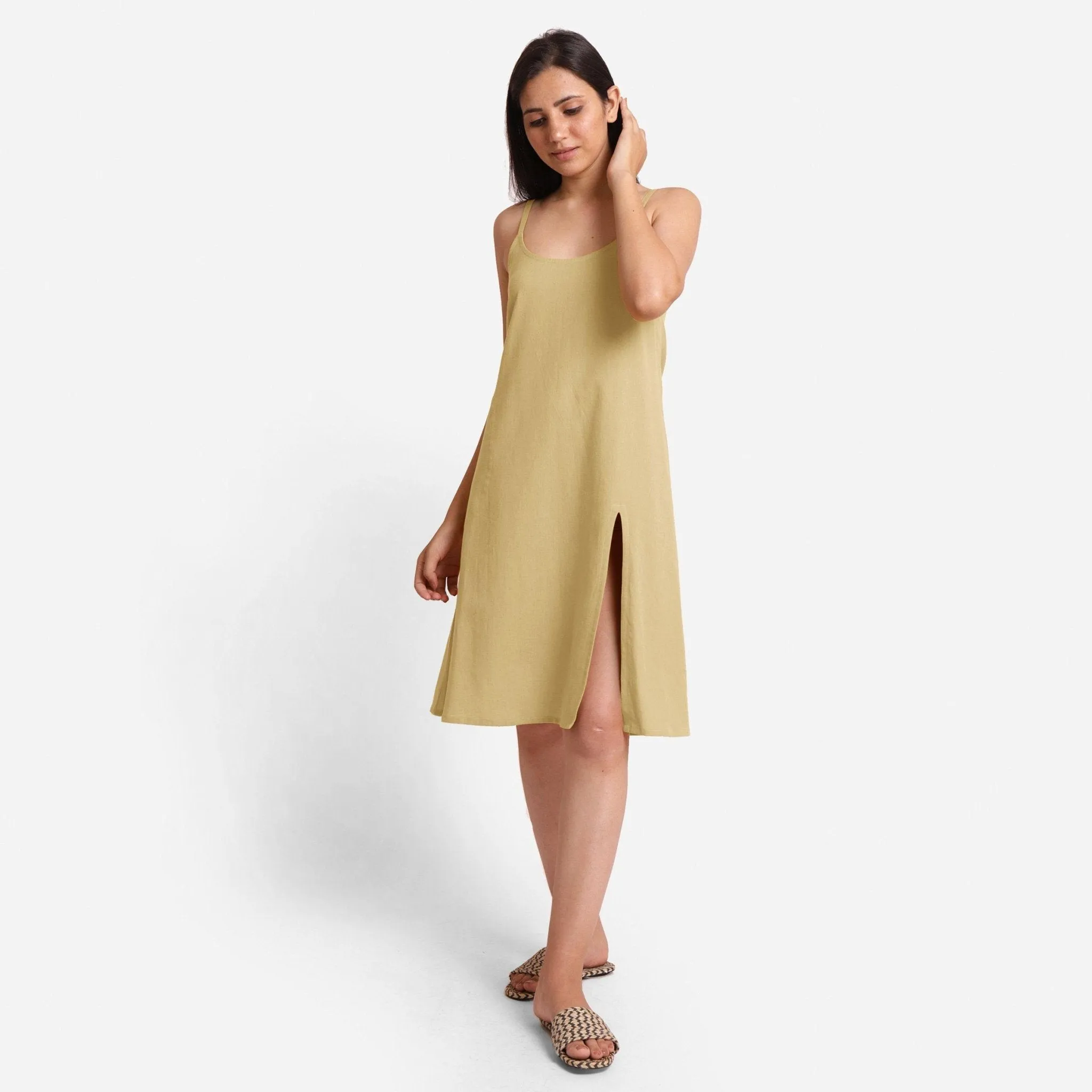 Light Khaki Strappy Cotton Flax Knee Length Slit Dress