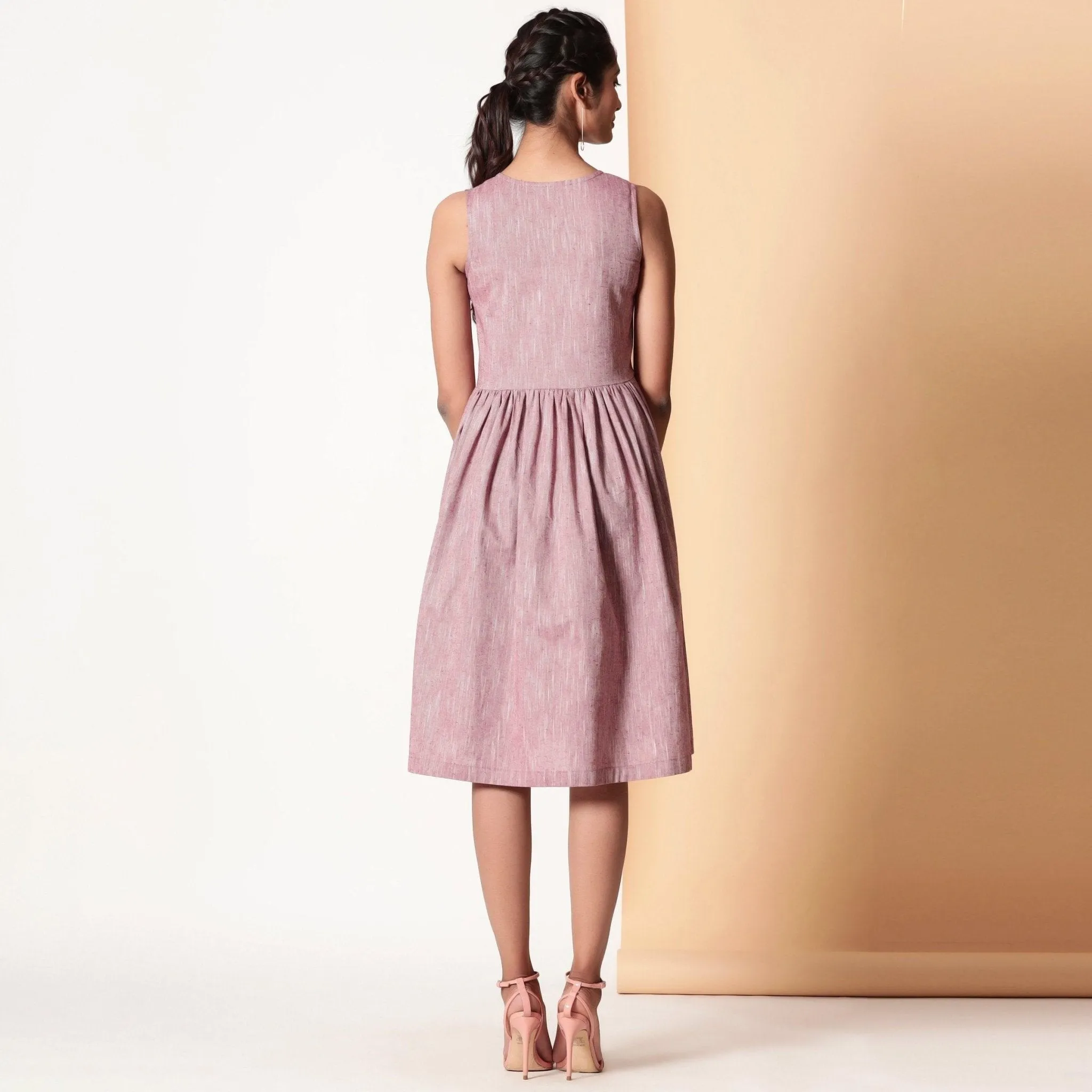 Light Maroon Yarn Dyed Cotton V-Neck Yoked Midi Dress