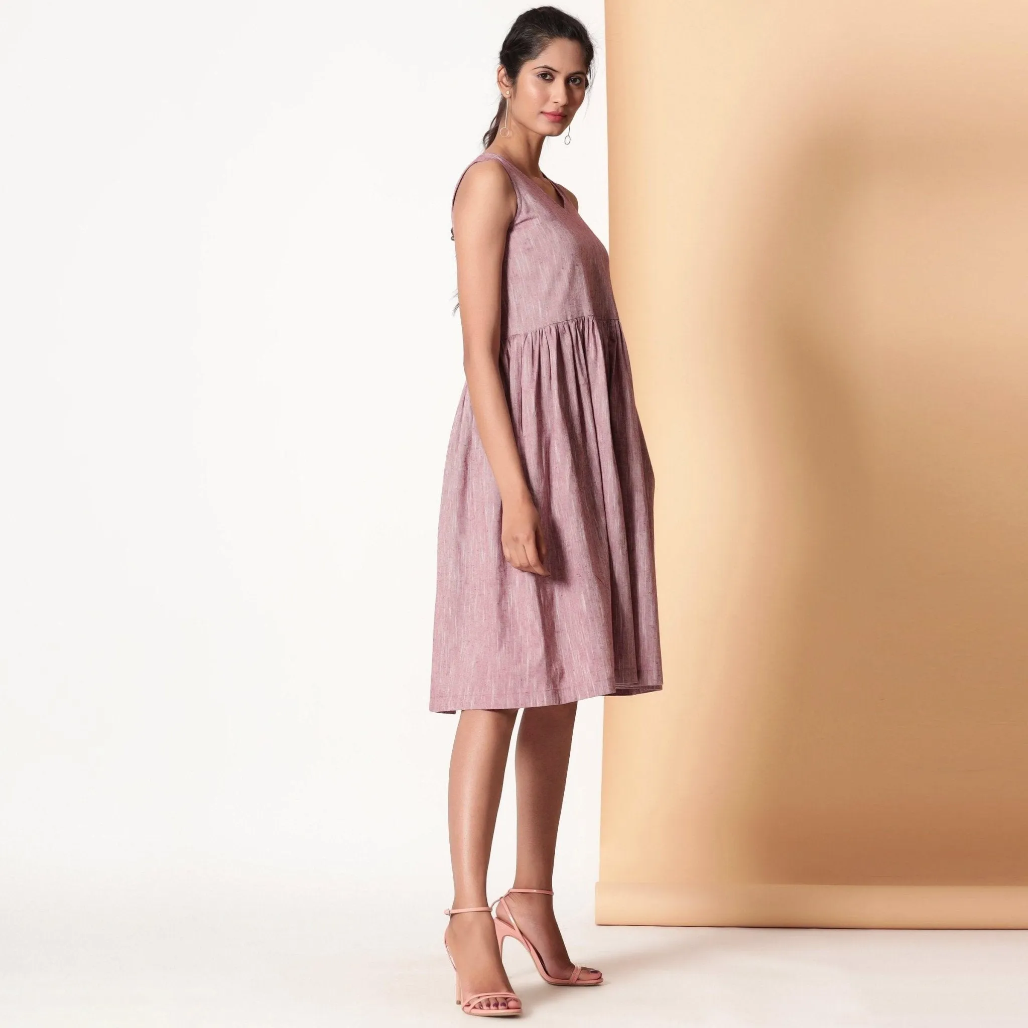 Light Maroon Yarn Dyed Cotton V-Neck Yoked Midi Dress