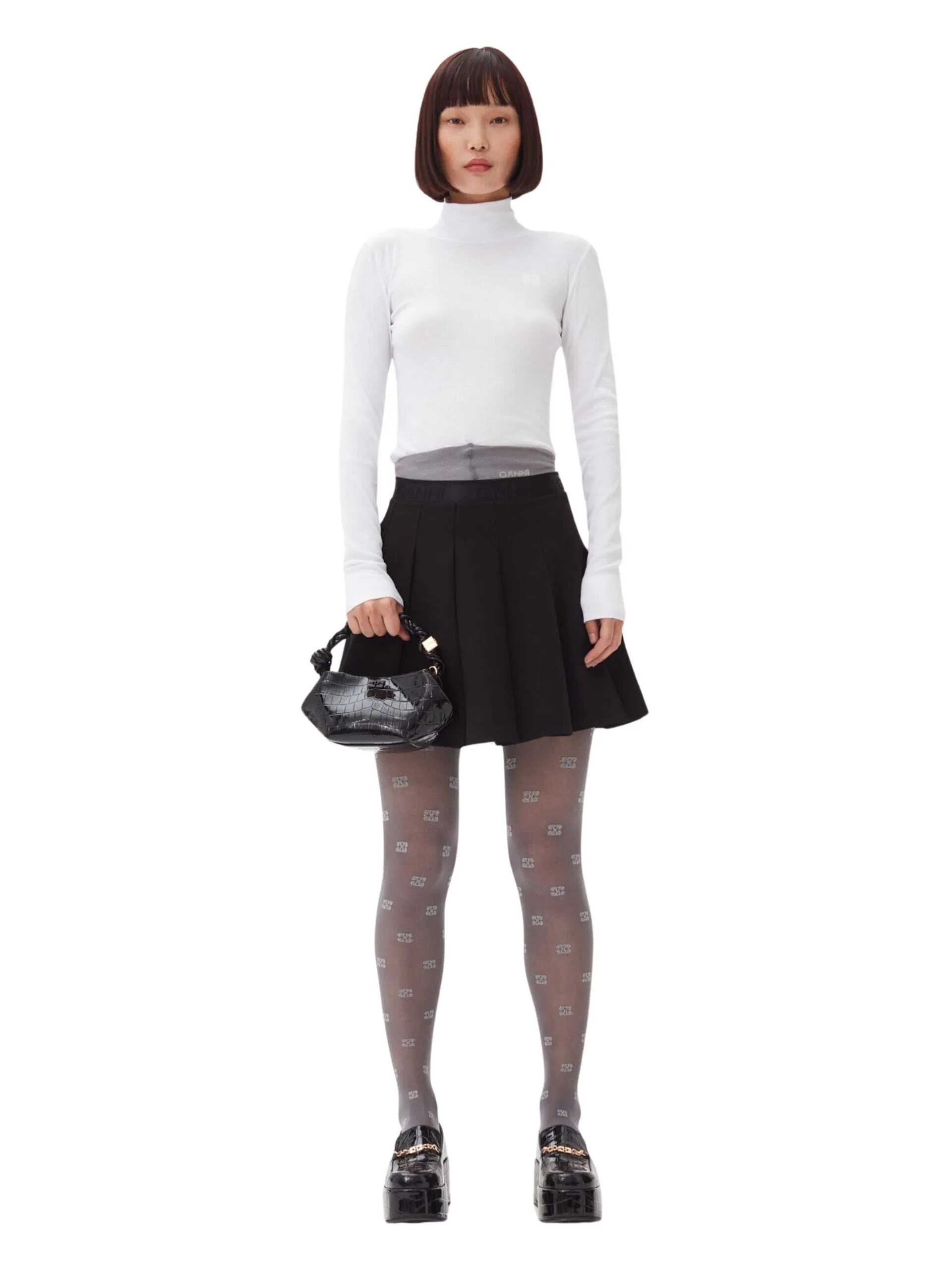 Light Twill Pleated Mini Skirt / Black