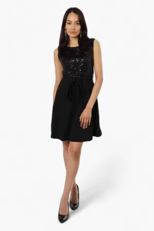 Limite Belted Sequin Top Skater Day Dress - Black