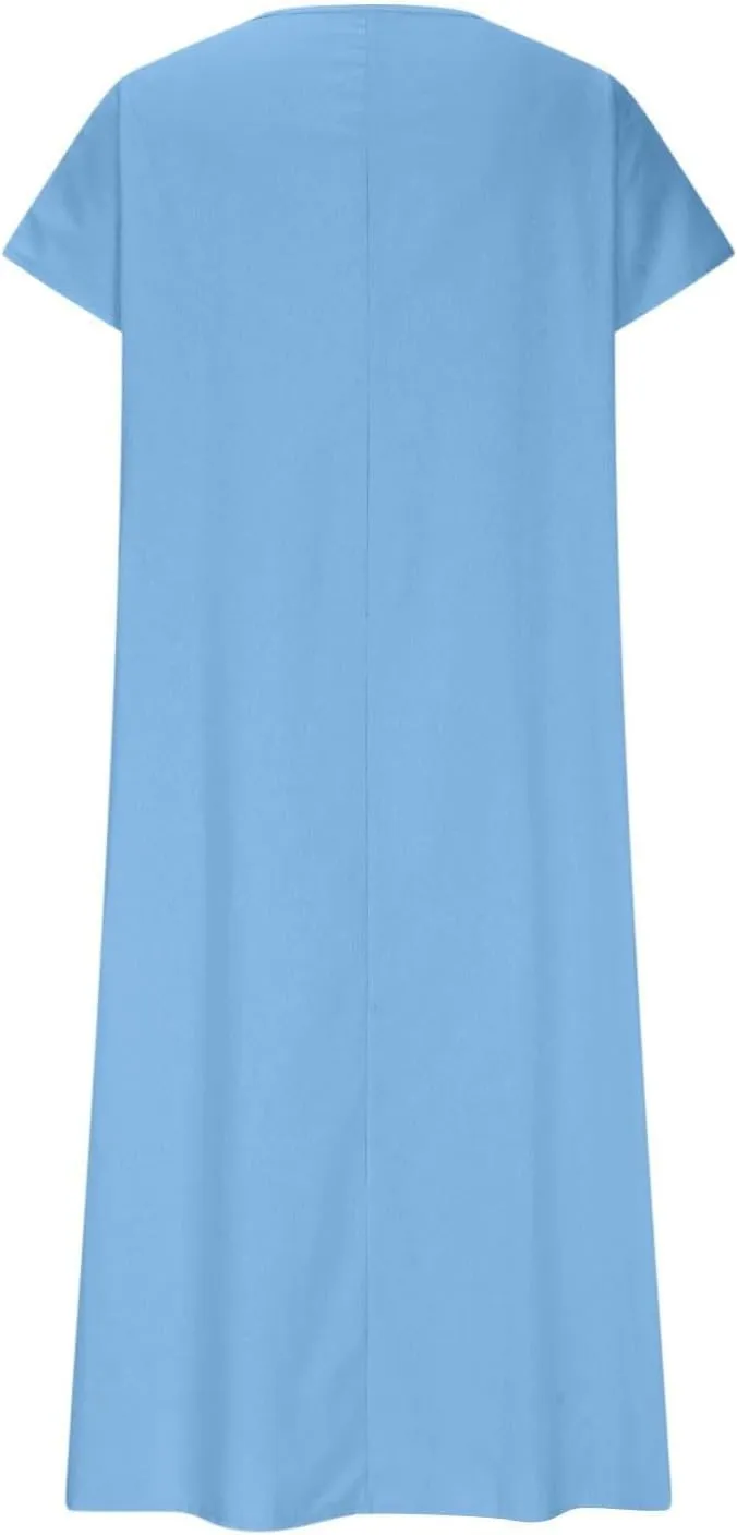 Linen Casual Dresses for Women Flowy V Neck Short Sleeve 2025 Maxi Dress Lightweight Summer Beach Vacation Clothes