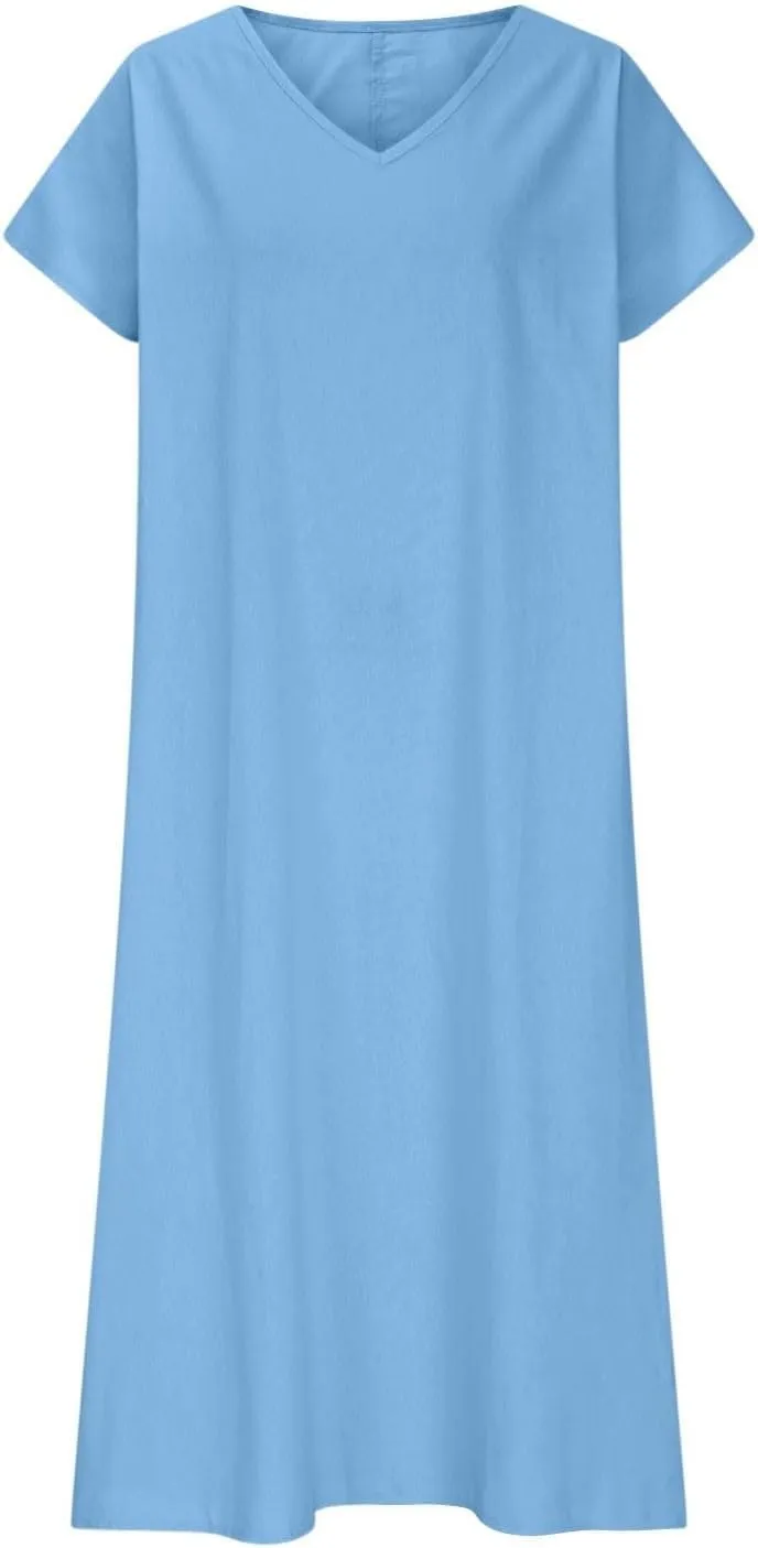 Linen Casual Dresses for Women Flowy V Neck Short Sleeve 2025 Maxi Dress Lightweight Summer Beach Vacation Clothes
