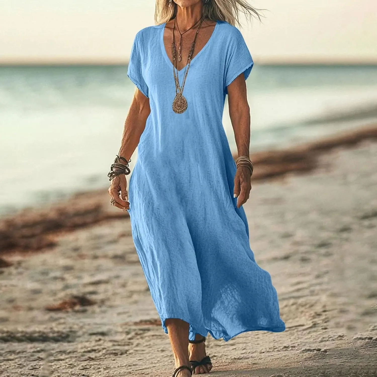 Linen Casual Dresses for Women Flowy V Neck Short Sleeve 2025 Maxi Dress Lightweight Summer Beach Vacation Clothes