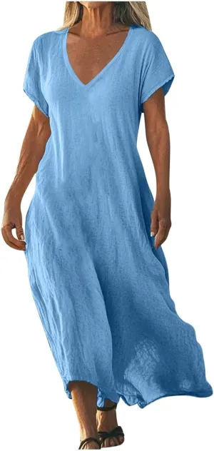 Linen Casual Dresses for Women Flowy V Neck Short Sleeve 2025 Maxi Dress Lightweight Summer Beach Vacation Clothes