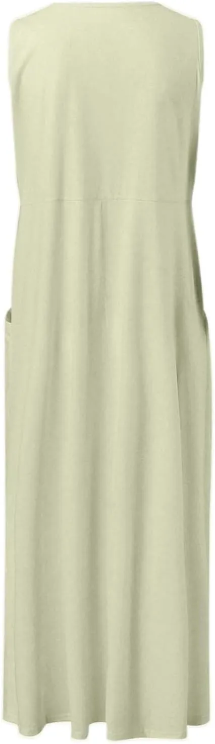 Linen Dress for Women Summer Casual Sleeveless Casual Long Dresses Scoop Neck Flowy Maxi Beach Sundress with Pockets
