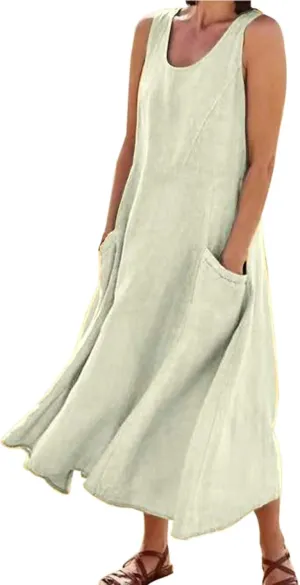 Linen Dress for Women Summer Casual Sleeveless Casual Long Dresses Scoop Neck Flowy Maxi Beach Sundress with Pockets