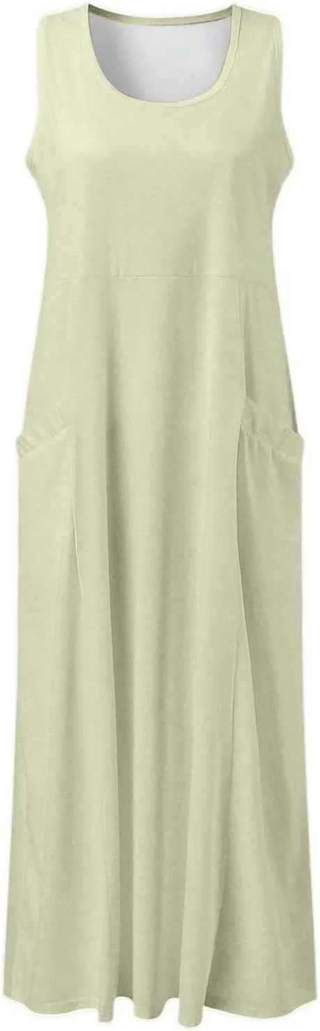 Linen Dress for Women Summer Casual Sleeveless Casual Long Dresses Scoop Neck Flowy Maxi Beach Sundress with Pockets