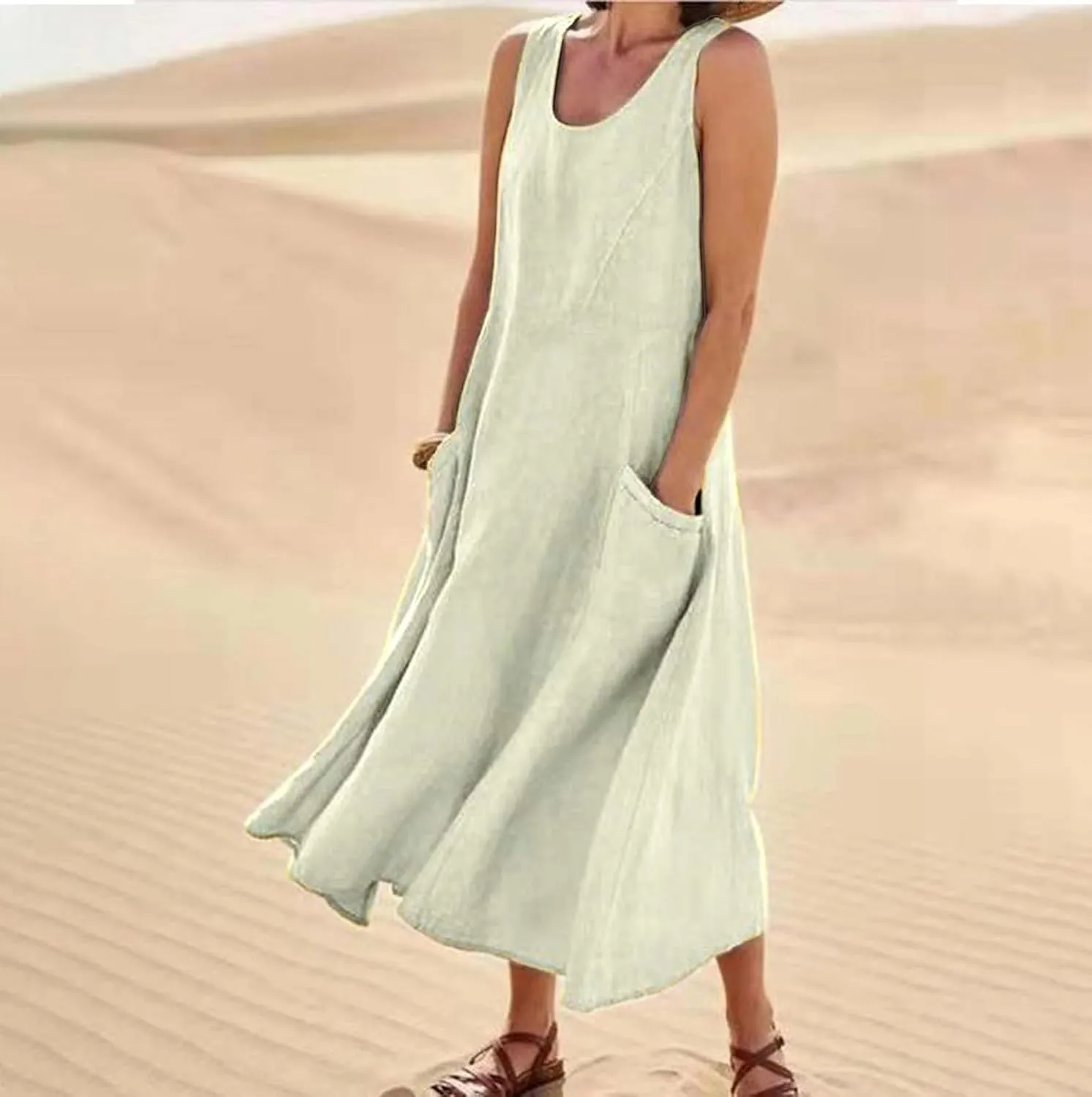 Linen Dress for Women Summer Casual Sleeveless Casual Long Dresses Scoop Neck Flowy Maxi Beach Sundress with Pockets