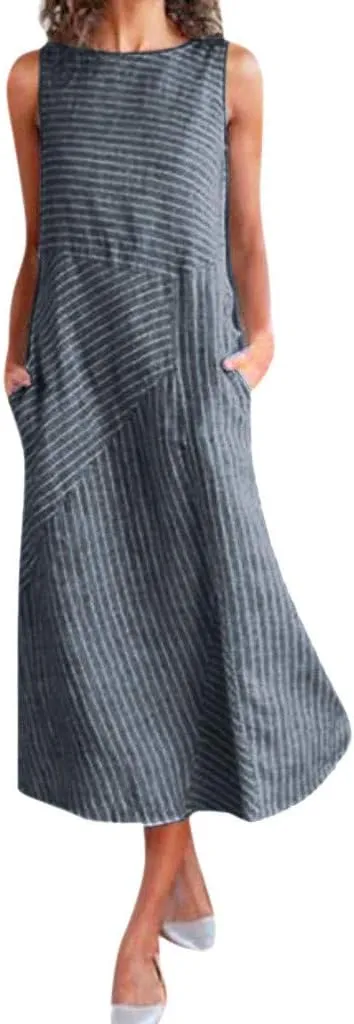 Linen Dress Women Summer Sleeveless Elegant Dresses Cute Sundresses Boho Maxi Dress Long Dresses with Pockects